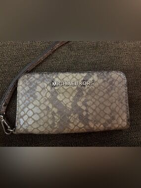 Michael Kors Taupe Snake-Embossed Wristlet